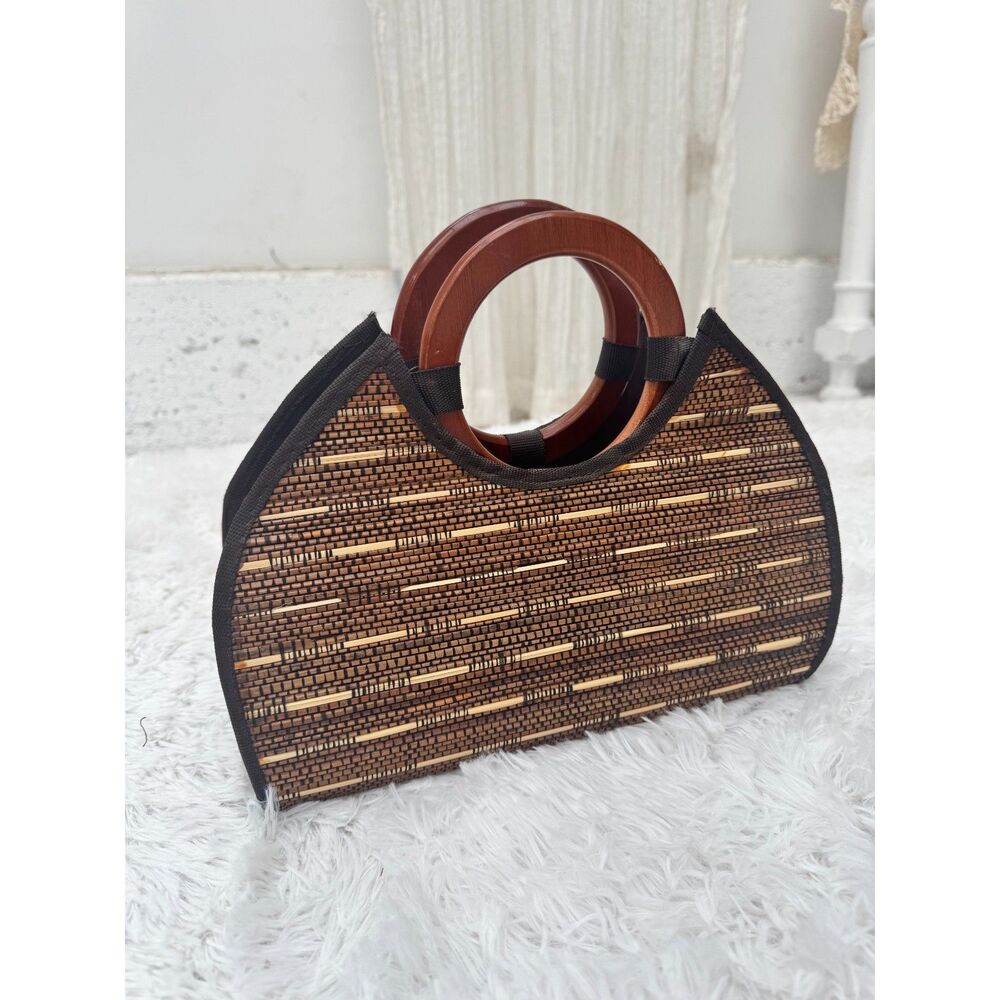 Bamboo Woven Half-Moon Handbag with Round Wood Ring Handles